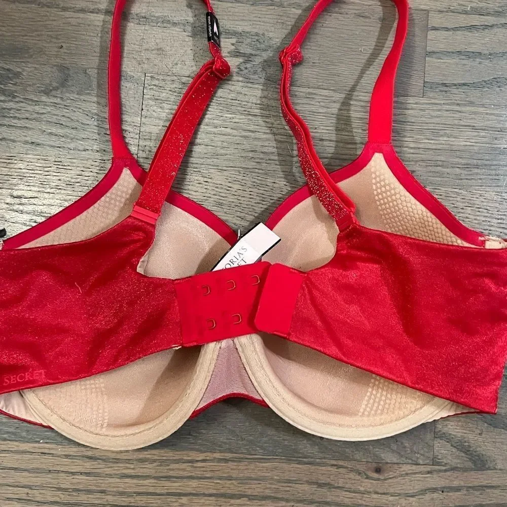 Victoria’s Secret Lined Perfect Coverage underwire Shine mesh bra Red 32DD